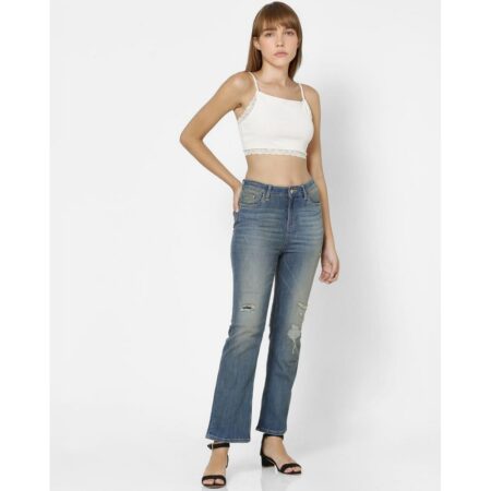 Celestiaa unique light blue high rise kick flare distressed jeans