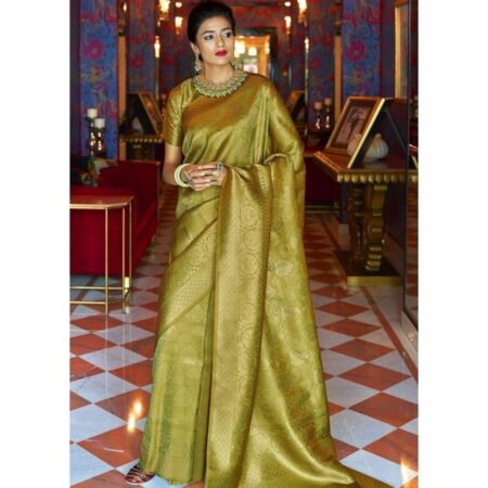 Celestiaa olive green and golden blend woven kanjivaram soft silk saree